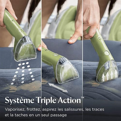 Système Triple Action de la shampouineuse Bissell Little Green : vaporisation, brossage et aspiration en un seul passage