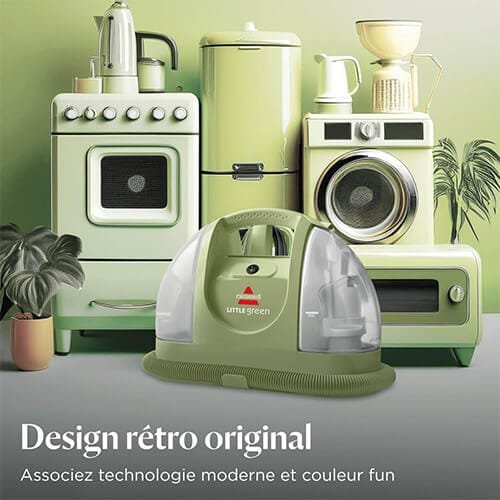 Shampouineuse Bissell Little Green avec design rétro, assortie à une cuisine vintage verte