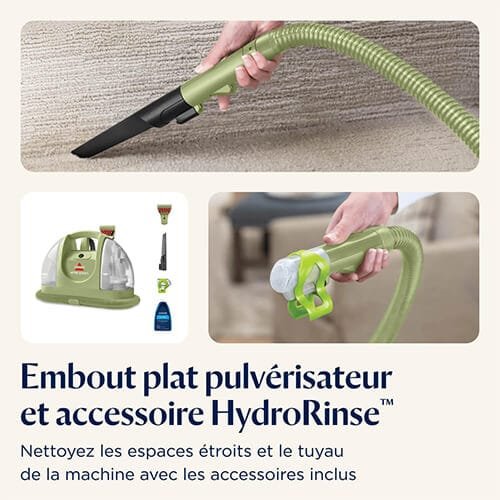 Accessoires de la shampouineuse Bissell Little Green : embout plat pulvérisateur et système HydroRinse pour un nettoyage précis
