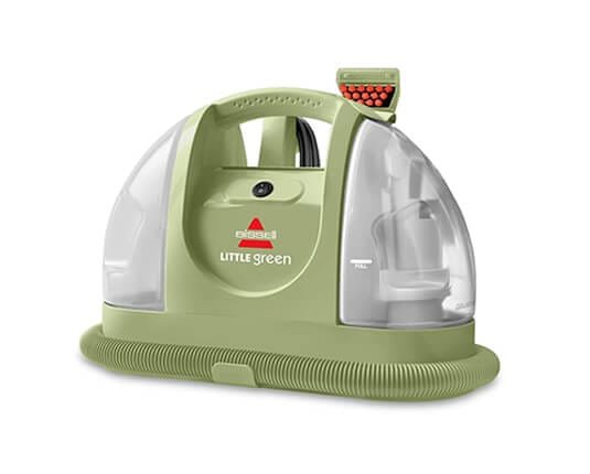 Shampouineuse Bissell Little Green compacte au design rétro vert, vue de face avec tuyau enroulé