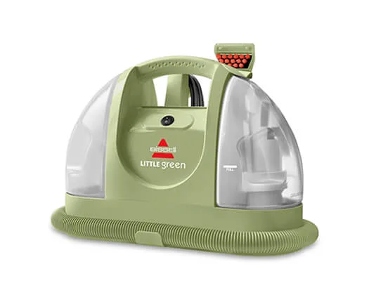 Shampouineuse Bissell Little Green compacte au design rétro vert, vue de face avec tuyau enroulé