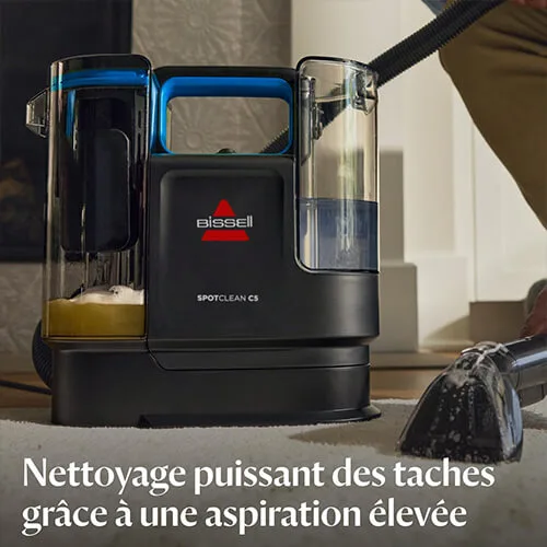 Shampouineuse BISSELL SpotClean C5 en action avec aspiration puissante pour éliminer les taches
