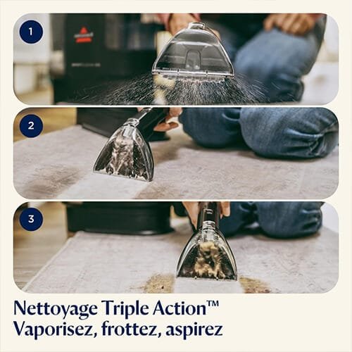 Nettoyage Triple Action de la BISSELL SpotClean C5 : vaporiser, frotter et aspirer les taches efficacement