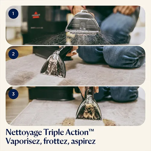 Nettoyage Triple Action de la BISSELL SpotClean C5 : vaporiser, frotter et aspirer les taches efficacement
