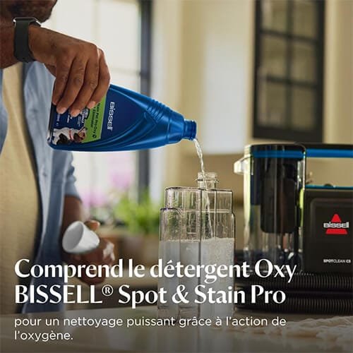Utilisation du détergent BISSELL Spot & Stain Pro avec la shampouineuse SpotClean C5 pour un nettoyage en profondeur