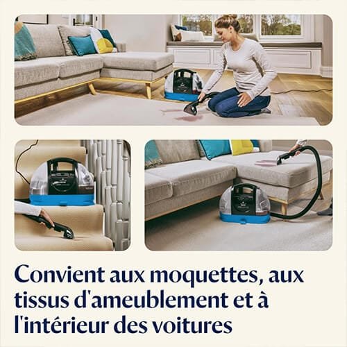 Utilisation de la shampouineuse Bissell SpotClean C3 sur tapis, canapé et escalier pour un nettoyage en profondeur des textiles et intérieurs de voiture