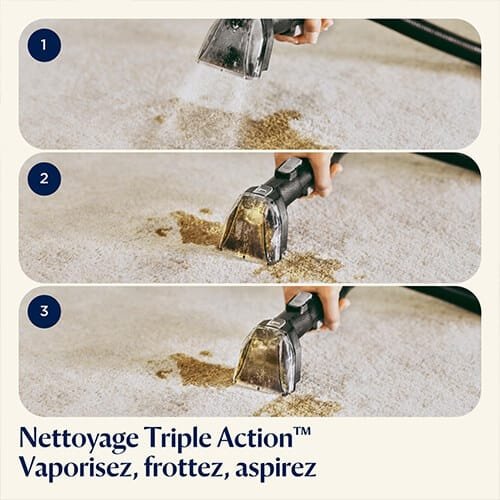 Shampouineuse Bissell SpotClean C3 en action sur tapis avec nettoyage triple action : vaporisez, frottez, aspirez
