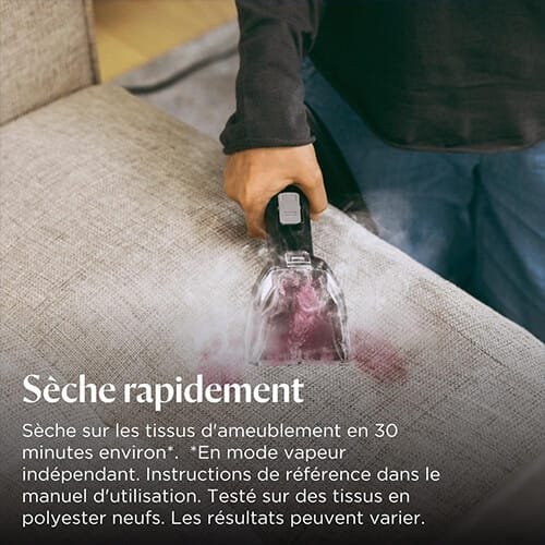 shampouineuse Bissell SpotClean HydroSteam nettoyant un canapé en tissu avec séchage rapide en 30 minutes