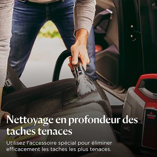 Shampouineuse Bissell SpotClean ProHeat utilisée pour un nettoyage en profondeur des sièges de voiture avec un accessoire spécial pour taches tenaces