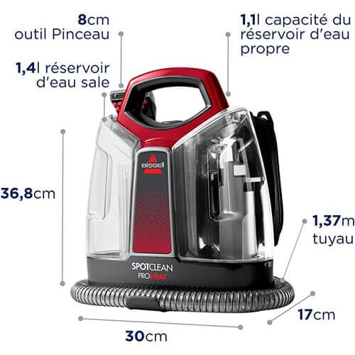 Dimensions et capacité de la shampouineuse Bissell SpotClean ProHeat avec réservoirs 1,1L et 1,4L