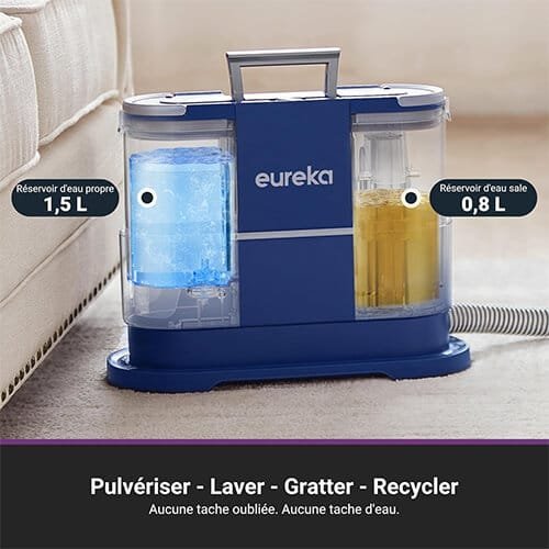 réservoirs eau propre 1,5 L et eau sale 0,8 L de la shampouineuse Eureka NEY100, système complet pulvériser laver gratter recycler