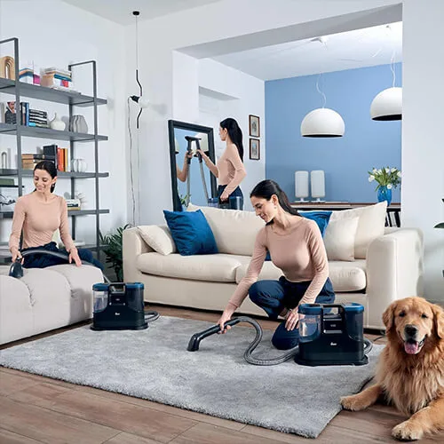 utilisation polyvalente de la shampouineuse Hoover HS5 sur tapis et canapé, idéale pour les foyers avec animaux