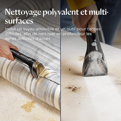 BISSELL PowerWash Compact Pet nettoyant un matelas et un tapis avec son outil pour taches tenaces