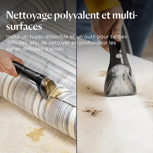BISSELL PowerWash Compact Pet nettoyant un matelas et un tapis avec son outil pour taches tenaces