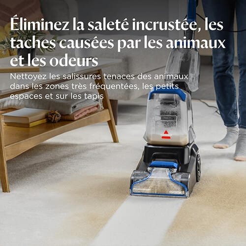 Shampouineuse BISSELL PowerWash Compact Pet éliminant les taches et odeurs d’animaux sur un tapis dans un salon