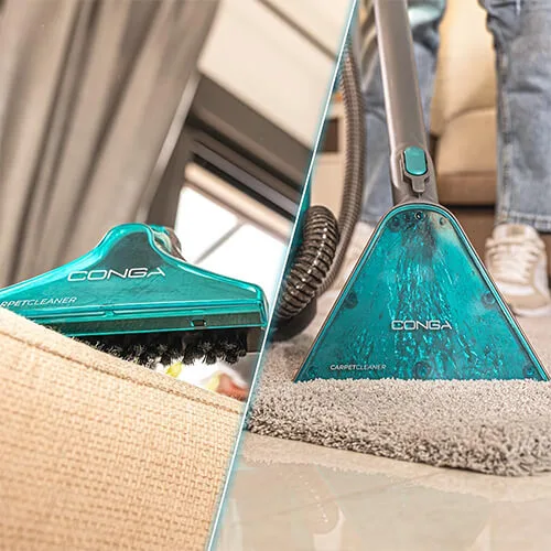 brosses de la shampouineuse Cecotec Conga 10000 CarpetClean EasyHome utilisées sur canapé et tapis