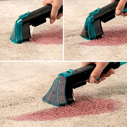 shampouineuse Cecotec Conga 2000 en action sur une tache de vin rouge sur moquette