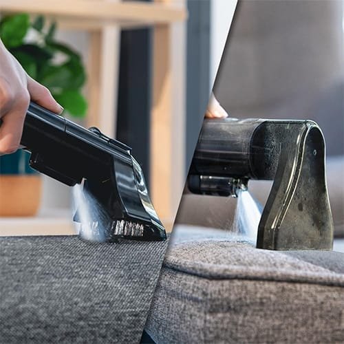 nettoyage d’un canapé en tissu avec la shampouineuse Cecotec Conga 3000 CarpetClean PopStar et deux buses différentes