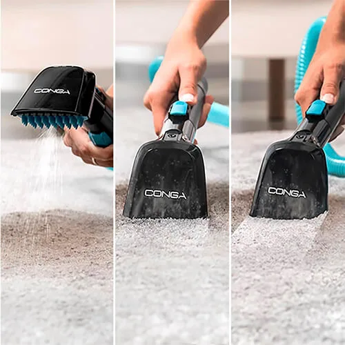 étapes de nettoyage avec la shampouineuse Cecotec Conga 4000 Carpet&Spot Clean XL Advance : pulvérisation, brossage, aspiration