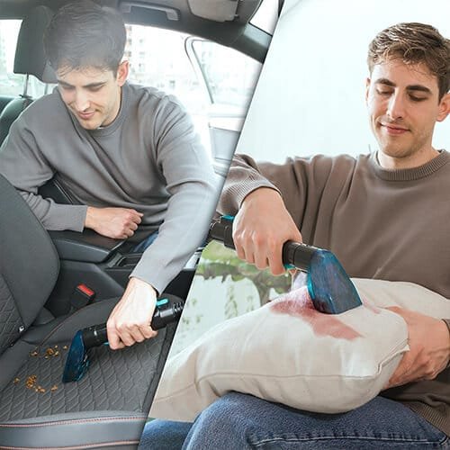 shampouineuse Cecotec Conga 5000 Carpet&Spot Clean XXL utilisée pour nettoyer un siège auto et un coussin taché