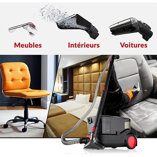 Shampouineuse Lehmann LHOVW-8015 utilisée sur meubles, intérieurs et sièges de voiture avec différents embouts