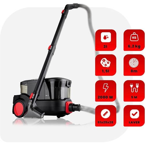 Caractéristiques techniques de la shampouineuse Lehmann LHOVW-8015 : 2000 W, 3 L d’eau propre, 1,5 L d’eau sale, câble 5 m, poids 6,2 kg