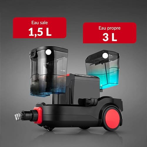Réservoirs de la shampouineuse Lehmann LHOVW-8015 avec 3 L pour l’eau propre et 1,5 L pour l’eau sale