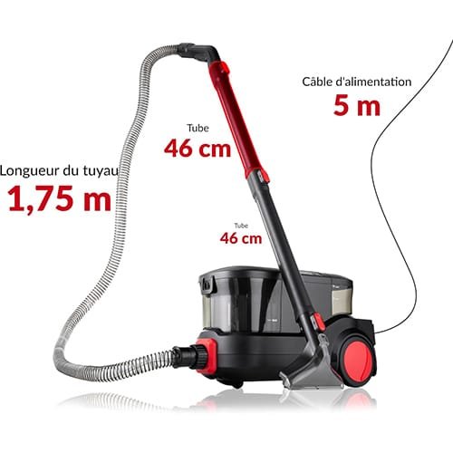 Dimensions de la shampouineuse Lehmann LHOVW-8015 avec tuyau de 1,75 m, tube de 46 cm et câble de 5 m