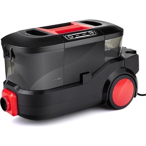 Vue latérale de la shampouineuse Lehmann LHOVW-8015 avec ses roues rouges et ses réservoirs transparents