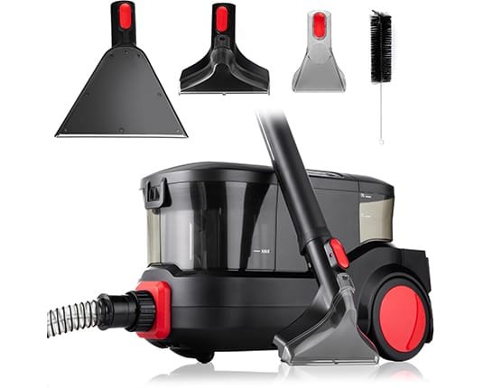 Shampouineuse Lehmann LHOVW-8015 avec ses accessoires : embouts de nettoyage et brosse de rinçage