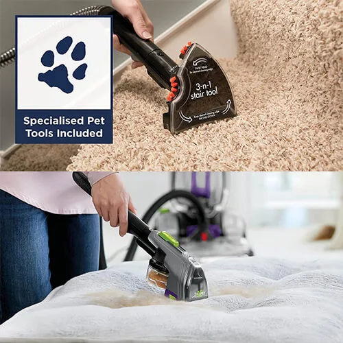 shampouineuse Bissell ProHeat 2X Revolution Pet Pro avec accessoires spécialisés pour animaux et brosse 3-en-1 pour escaliers