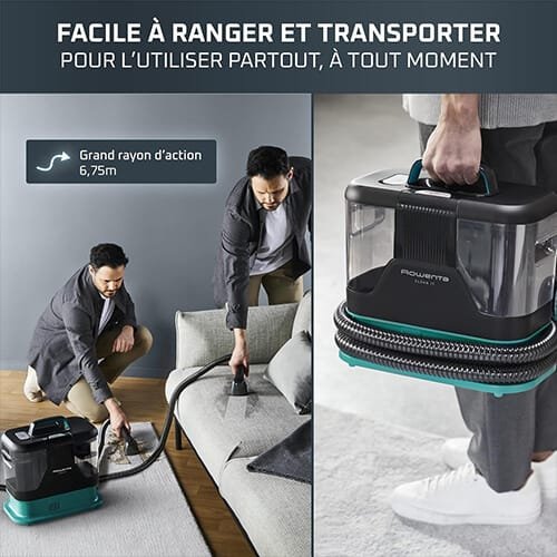 Shampouineuse Rowenta Clean It en action sur un canapé, montrée avec sa poignée de transport facile et son long tuyau de 6,75 m