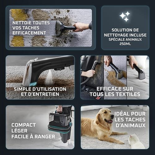 Montage visuel de la shampouineuse Rowenta Clean It montrant son efficacité sur les tapis, sa simplicité d’utilisation, sa solution spéciale animaux et sa compacité