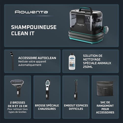 Accessoires de la shampouineuse Rowenta Clean It : autoclean, solution spéciale animaux, brosses textiles, embout pour espaces difficiles et sac de rangement