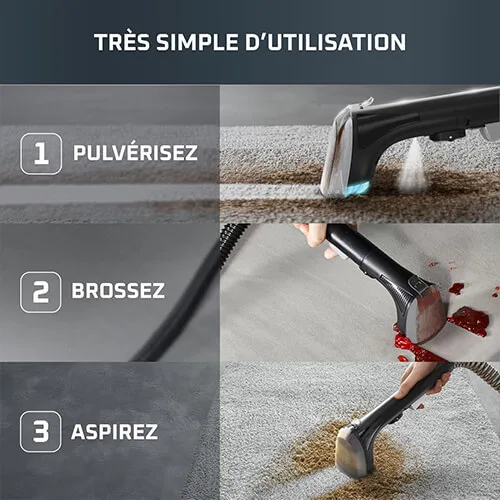 Étapes d'utilisation de la shampouineuse Rowenta Clean It : pulvérisez, brossez, aspirez