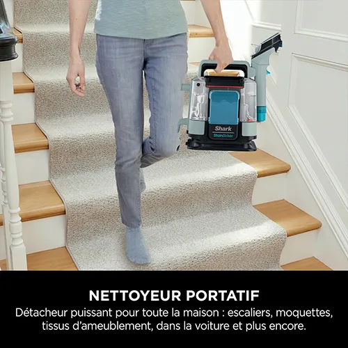 Shampouineuse Shark PX200EUCP portée à la main, idéale pour nettoyer escaliers, moquettes et tissus d’ameublement