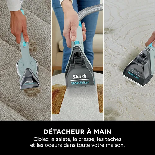 Shampouineuse Shark PX200EUCP utilisée à la main sur différents types de tapis pour éliminer les taches