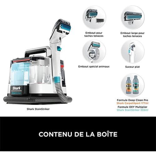 Contenu de la boîte de la shampouineuse Shark PX200EUCP avec embouts et formules détachantes incluses
