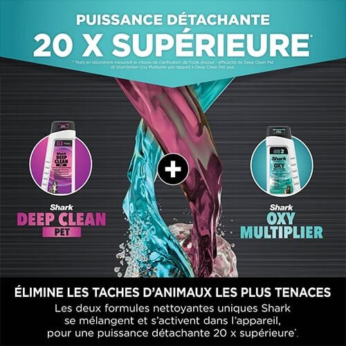 Formules Shark Deep Clean Pet et Oxy Multiplier pour une puissance détachante 20 fois supérieure