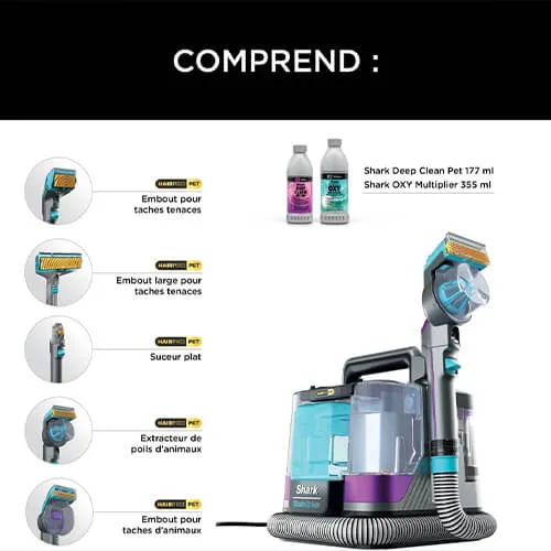 Contenu de la boîte Shark PX250EUT avec embouts pour taches tenaces, suceur plat, extracteur de poils et formules détachantes incluses