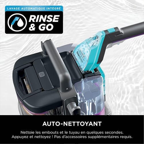 Fonction auto-nettoyante Rinse & Go de la shampouineuse Shark PX250EUT, pour un rinçage rapide des embouts et du tuyau