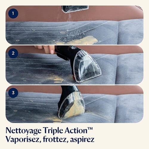 démonstration du nettoyage triple action de la shampouineuse Bissell SpotClean Pet Pro sur un siège