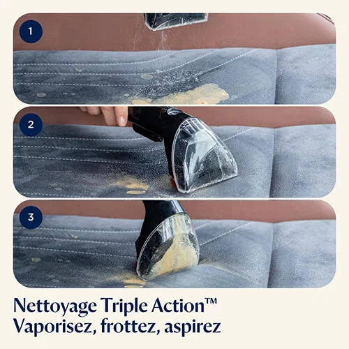 démonstration du nettoyage triple action de la shampouineuse Bissell SpotClean Pet Pro sur un siège