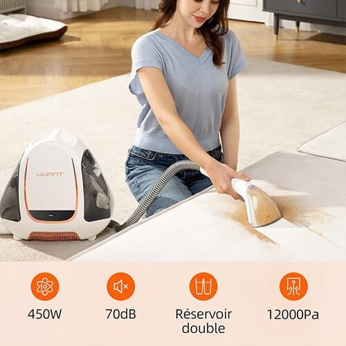 Nettoyage en profondeur d’un tapis avec la shampouineuse Uwant B100E, puissance de 450W et aspiration de 12000 Pa