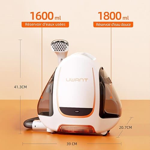 Dimensions et capacité des réservoirs de la shampouineuse Uwant B100E : 1600 ml pour eaux usées, 1800 ml pour eau douce