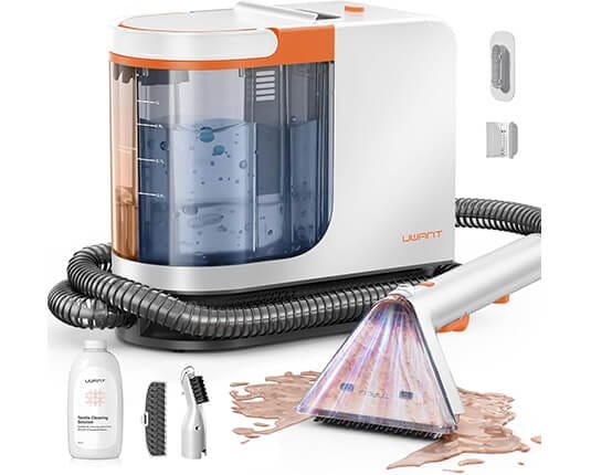 Shampouineuse Uwant B200 SE avec accessoires, détergent et embout transparent en action sur une tache