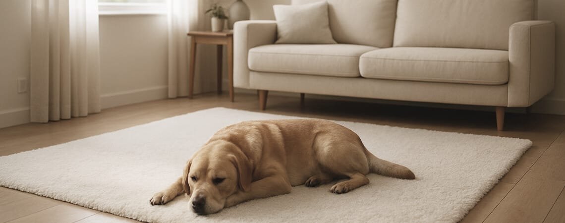 Chien allongé sur un tapis blanc moelleux dans un salon lumineux et épuré avec un canapé beige