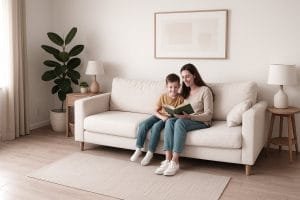 Mère et fils lisant un livre ensemble sur un canapé beige dans un salon chaleureux et lumineux
