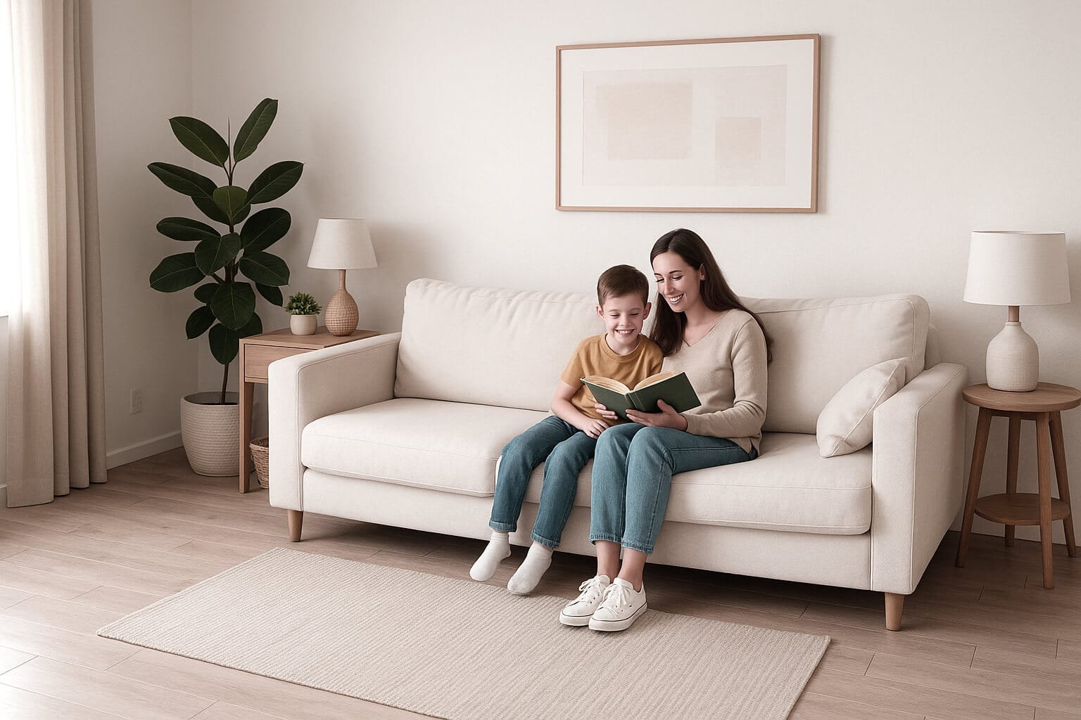 Mère et fils lisant un livre ensemble sur un canapé beige dans un salon chaleureux et lumineux
