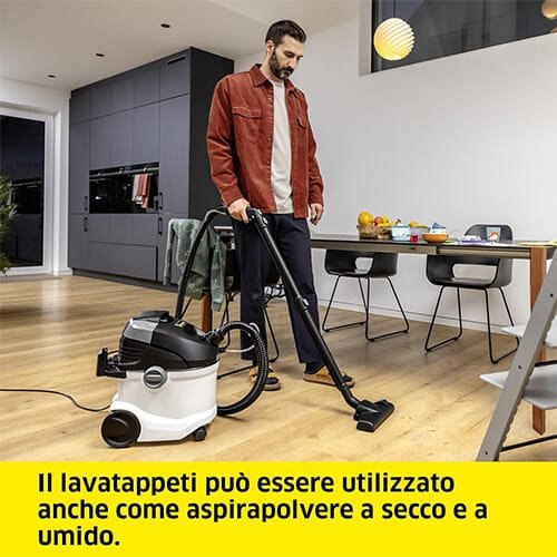 Shampouineuse Kärcher SE 5 utilisée comme aspirateur à sec et humide dans une salle à manger moderne